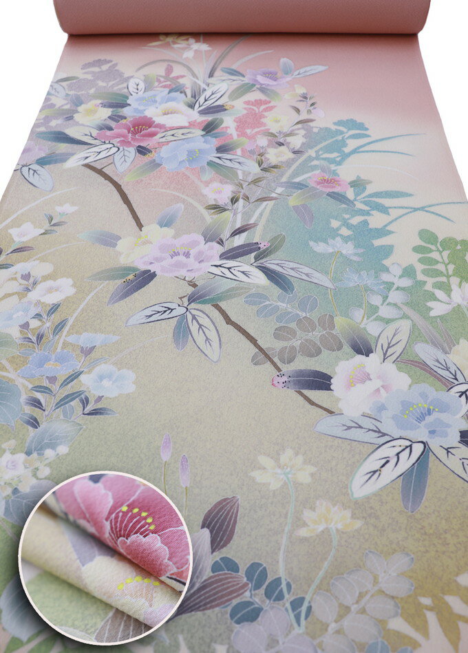 乐天商城 - 附下◆【特選絞ちりめん】正絹◆マットピンク系　季節の花【手描き友禅】◆巾約36.5cm