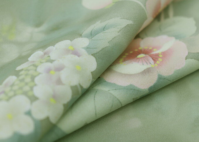 【美の花謹製】附下　着尺　反物◆正絹◆灰緑（はいみどり）　季節の花【手描き友禅】◆巾約36.0cm　※訳あり特価(画像参照)※