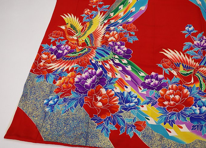 ◇大振袖・引き振袖 【中古】赤系　鳳凰・花爛漫　ちりめん調　落款入り【状態ランクB】婚礼衣装◇