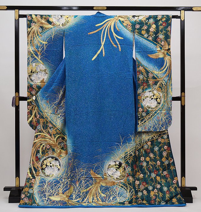 樂天商城 - ◇大振袖・引き振袖 【中古】青・ゴールド系　鳳凰　たたき風【状態ランクB】婚礼衣装◇