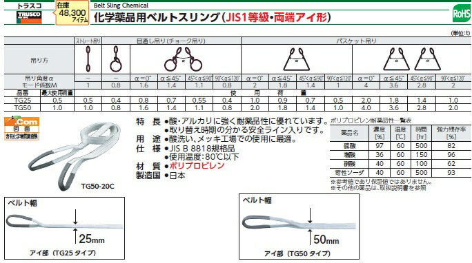 玉掛け ナイロンスリング スリングベルト ベルト幅25mm トラスコ TRUSCO 化学薬品用ベルトスリング(JIS1等級・両端アイ形) （1.5M) TG25-15C 3