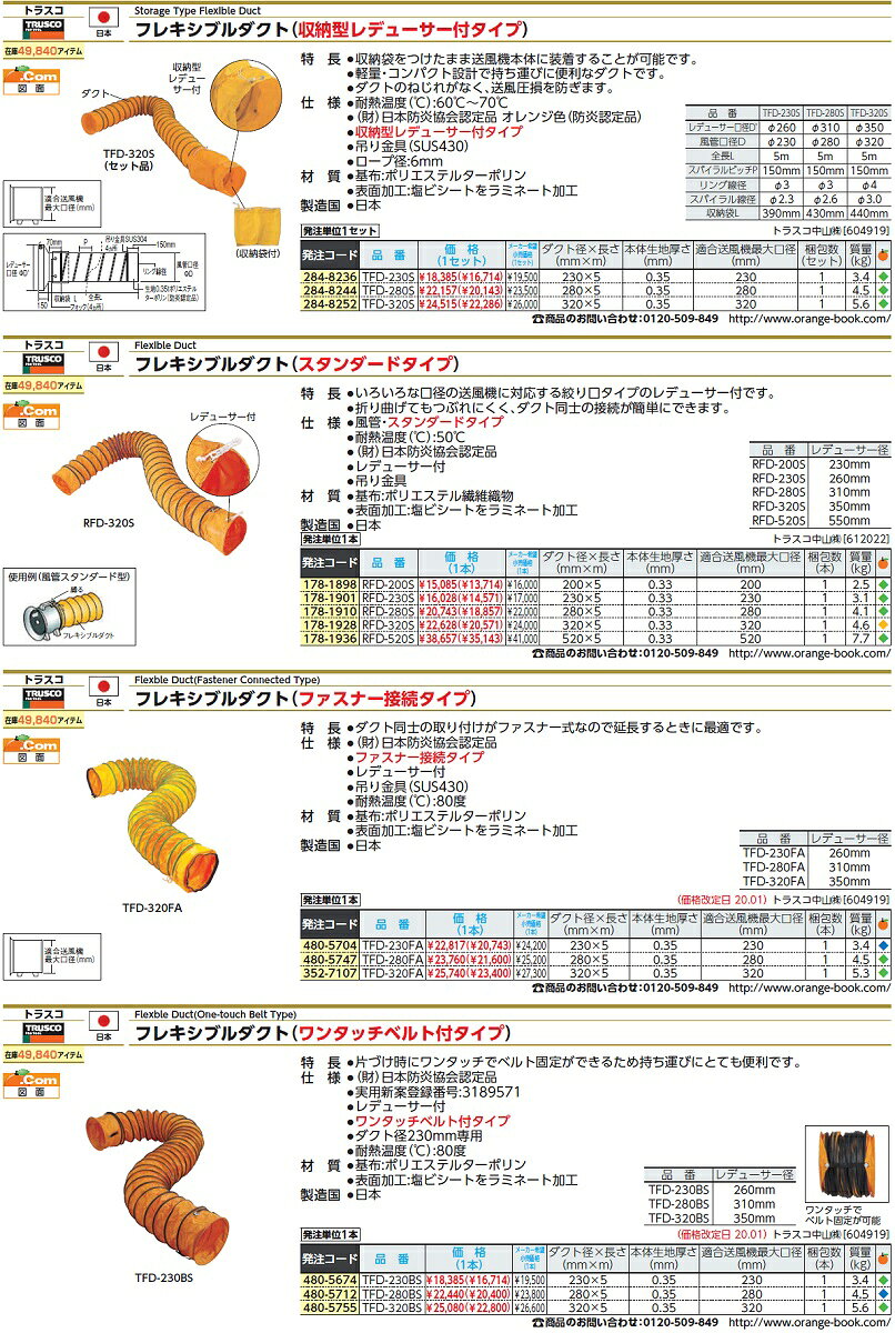 ダクト トラスコ フレキシブルダクト φ200X5M RFD-200S