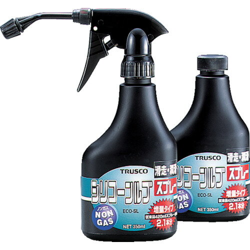 低粘度シリコーンオイルのつや出し・滑走剤です。噴射ガス（LPG）を使用しないため、エアゾールスプレーに比べ安全で、環境に優しい製品です。原液がエアゾールタイプより2.1本分増量でお得です。紙断裁機の刃物付着防止と防錆、紙揃え機のテーブル面に。この商品もおすすめトラスコ αシリコンルブスプレー （ノンガスタイプ）350ml ECO-SL-Sトラスコ ケガキ剤 αアオニスクリーナー詰替え用 （ノンガスタイプ）350ml ECO-ACトラスコ αボウセイスプレー詰替え用 (ノンガスタイプ) 350ml ECO-AR-Cトラスコ TFP防錆スプレー詰替え用 (ノンガスタイプ) 350ml ECO-TFP-M-C