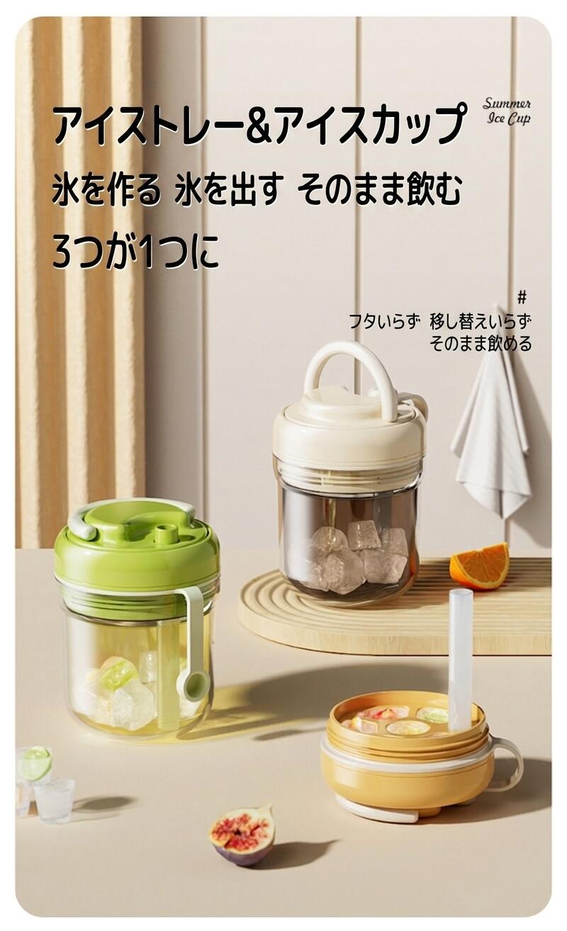 【持ち運びに便利！】製氷皿 アイスカップ 製氷カップ ストロー付き 取っ手付き 簡単 製氷 製氷器 貯氷 タンブラー 持ちやすい ハンドル付き アイスボールメーカー 製氷皿 持ち歩きボトル コーラ ドリング 麦茶 プラスチック水筒 コンパクト 氷も作れるボトル 夏 2