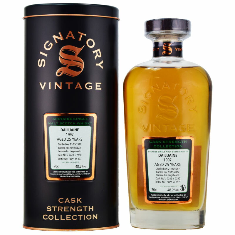【リンゴの皮、ローストしたヘーゼルナッツ、シナモン、素朴なバニラ】ダルユーイン　1997　25年　シグナトリー　48.2％　700ml