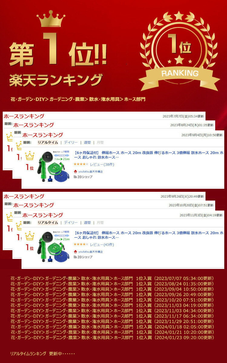 【楽天1位/6ヶ月保証付】 伸縮ホース ホース 20m 改良版 伸びるホース 3倍伸縮 散水ホース 10m 20m 21m 伸びる 散水ホース おしゃれ 洗車ホース 水撒きホース 高圧洗浄 凍結防止 絡まない 頑丈 軽量 ガーデニング 庭 ベランダ 雪対策 夏 洗車 ノズル付き 7パターン 7m～21m