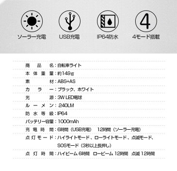 自転車 ライト 防水 ソーラー USB 充電式 明るい 4モード搭載 防水 IP64 ライト 自転車 懐中電灯 led 防水 ヘッドライト 充電式 子供 自転車ライト ソーラー usb 防水 充電 取付簡単 アウトドア キャンプ 防災 夜間走行 散歩