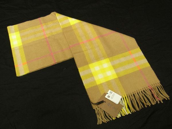 ■新品■未使用■ BURBERRY バーバリー カシミヤ100％ チェック フリンジ マフラー ストール 防寒具 ベージュ系×イエロー系 AT6424