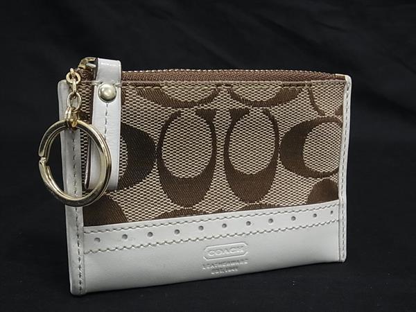■美品■ COACH コーチ キャンバス×レザー キーリング付きコインケース コインパース キーケース ブラウン系×アイボリー系 DH8662