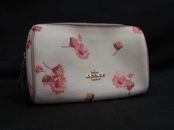 ■美品■ COACH コーチ C7358 コスメティック ケース 17 PVC×レザー メイクポーチ マルチケース アイボリー系×ピンク系 DM2649