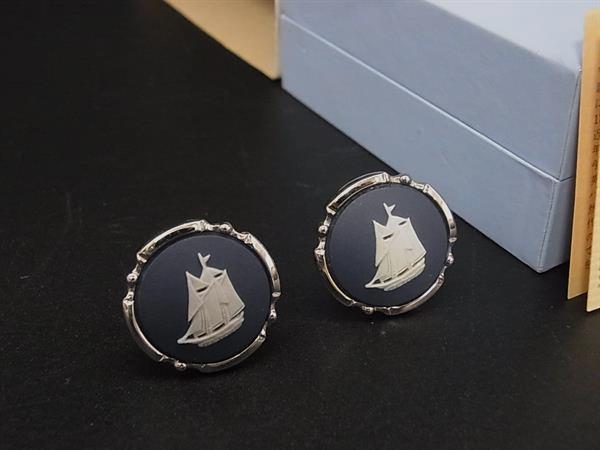 ■美品■ WEDGWOOD ウェッジウッド ジャスパー カフスボタン カフリンクス アクセサリー ネイビー系×シルバー系 DP4184