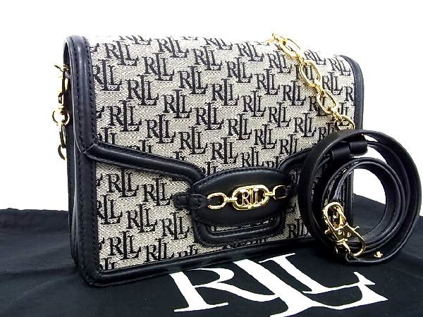 ■新品同様■ RALPH LAUREN ラルフローレン キャンバス×レザー クロスボディ ショルダー 斜め掛け アイボリー系×ブラック系 BG4911