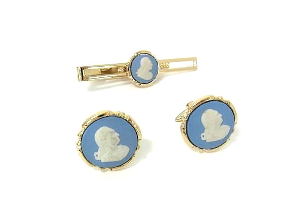 ■美品■ WEDGWOOD ウェッジウッド ジャスパー ネクタイピン カフスボタン カフリンクス 2点セット メンズ ライトブルー系 DI3097 冠婚葬祭 結...