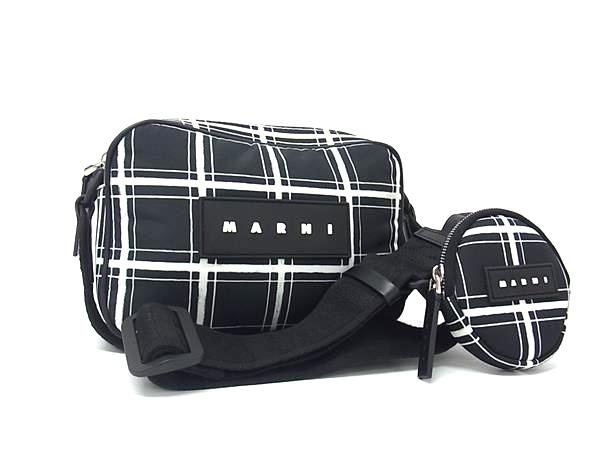 ■新品同様■ MARNI マルニ ナイロン チェック柄 ポーチ付き ショルダーバッグ クロスボディ ブラック系×..