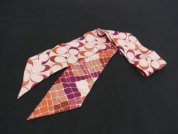 Silk - ■美品■ COACH コーチ シグネチャー シルク100% リボンスカーフ レディース ピンク系×マルチカラー DM3618