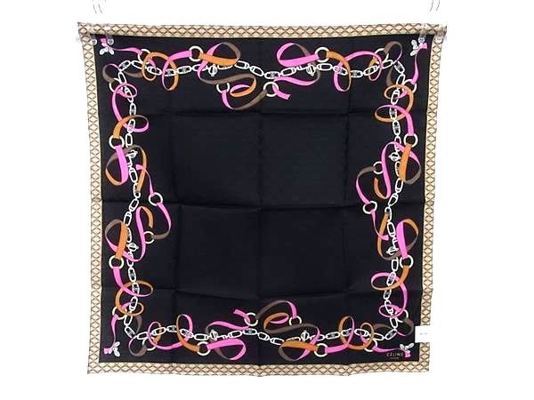 ■新品■未使用■ CELINE セリーヌ マカダム柄 コットン100% スカーフ ハンカチーフ レディース ブラック系×マルチカラー DG1951