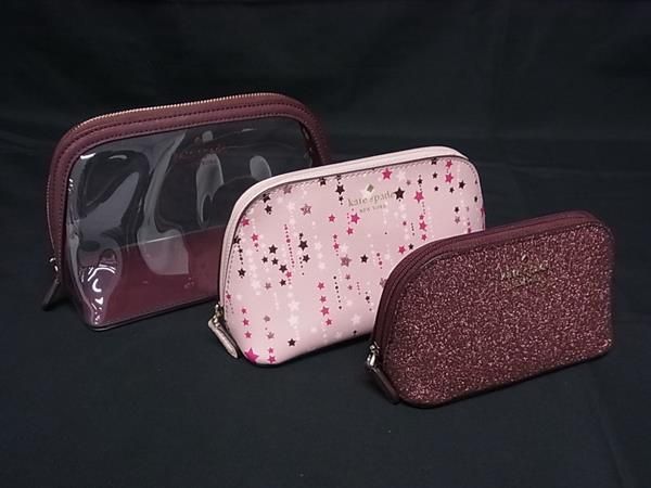 ケイトスペード ポーチ（レディース） ■新品■未使用■ kate spade ケイトスペード PVC レザー グリッター スター ポーチ マルチケース 3点セット ボルドー系 ピンク系 AS8208