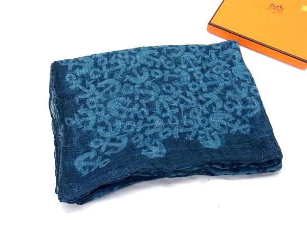 ■新品同様■ HERMES エルメス アンカー 猫 リネン100% ストール ショール マフラー レディース ネイビー..