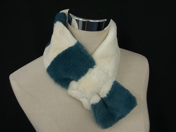 For Women - ■美品■ FURART ファーアート ポリエステル100％ ティペット マフラー 防寒具 レディース アイボリー系×グリーン系 DG1061