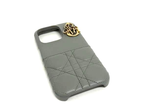 ■美品■ ChristianDior ディオール レディディオール カナージュ レザー iPhone16Pro対応 アイフォン スマホケース グレー系 FR4269