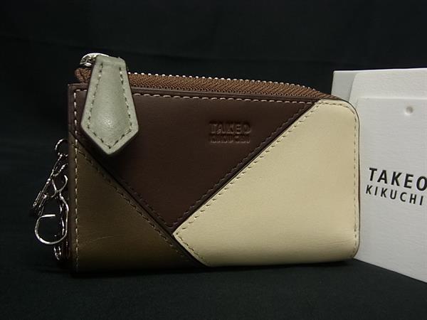 ■新品■未使用■ TAKEO KIKUCHI タケオキクチ レザー 3連 キーケース 鍵入れ カード入れ ブラウン系×マルチカラー FI1105