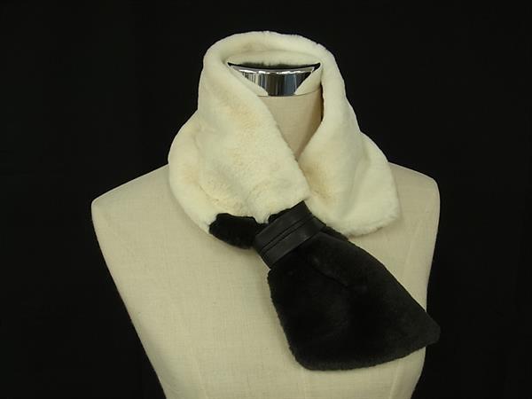 ■新品■未使用■ FURART ファーアート ポリエステル100％ ティペット ストール マフラー 防寒具 アイボリー系×ブラック系 DG0757