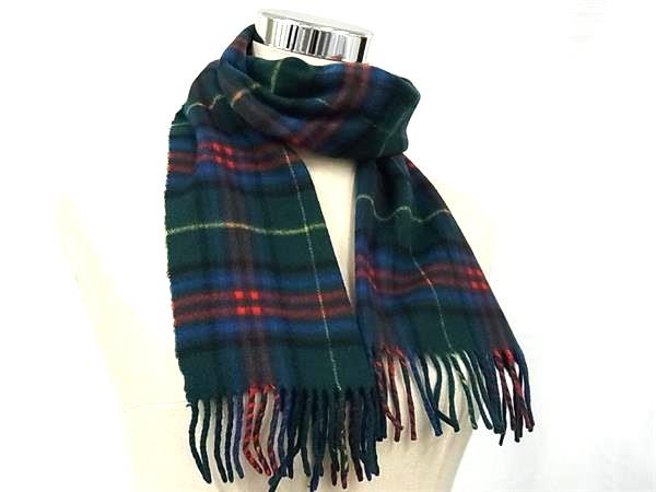 Cashmere - ■美品■ Petit Menu カシミヤ フリンジ チェック柄 マフラー ストール ショール グリーン系×マルチカラー DE4532