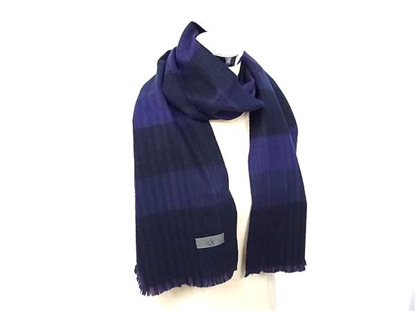 ■美品■ Calvin Klein カルバンクライン カシミヤ100% マフラー ストール 防寒具 レディース ネイビー系×パープル系 DG0077