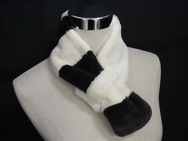 ■新品■未使用■ FURART ファーアート ポリエステル100％ ティペット マフラー 防寒具 レディース アイボリー系×ブラック系 DG1065