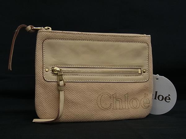 ■美品■ Chloe クロエ キャンバス×レザー メイクポーチ マルチケース 小物入れ レディース ベージュ系 DM4056