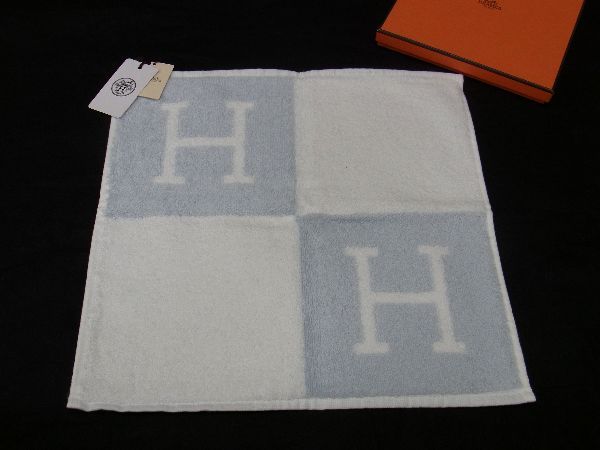 ■新品■未使用■ HERMES エルメス アヴァロン コットン100% ハンドタオル レディース メンズ ライトブルー系×ホワイト系 AU8019