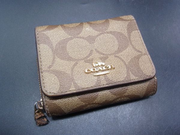 ■美品■ COACH コーチ シグネチャー レザー 三つ折り 財布 ウォレット 札入れ 小銭入れ ブラウン系 DH1363