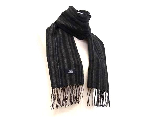Cashmere - ■美品■ POLO BRITISH COUNTRY SPIRIT ポロ ビーシーエス フリンジ マフラー ストール ショール 防寒具 ブラック系 DL5557