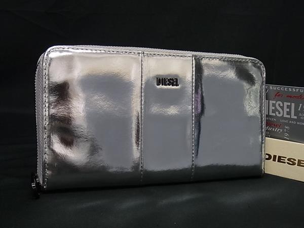 ■美品■ DIESEL ディーゼル パテントレザー ラウンドファスナー 長財布 ウォレット 札入れ 小銭入れ シルバー系 DQ1383