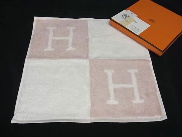 ■新品■未使用■ HERMES エルメス アヴァロン コットン100％ ハンドタオル フェイスタオル ピンク系×オフ..