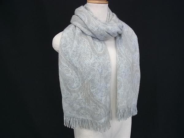 乐天商城 - ■美品■ TREND TRAD トレンドトラッド カシミヤ等 ペイズリー柄 大判 フリンジ マフラー ストール ショール ライトブルー系 DL6267