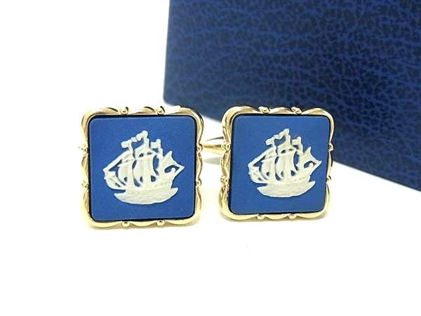 ■美品■ WEDGWOOD ウェッジウッド ジャスパー カフスボタン カフリンクス アクセサリー メンズ ブルー系×ゴールド系 DH6394 冠婚葬祭 結婚式 ...