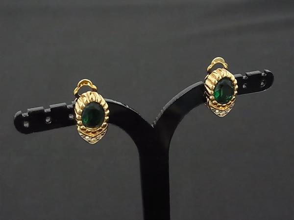 ■美品■ NINA RICCI ニナリッチ ラインストーン クリップ式 イヤリング アクセサリー レディース ゴールド系×グリーン系 DN0208