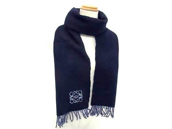 ■新品同様■ LOEWE ロエベ アナグラム ウール×カシミヤ フリンジ マフラー ストール ショール 防寒具 レディース ネイビー系 FL7580