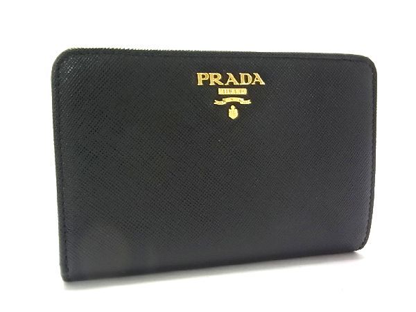 プラダ 二つ折り財布 レディース ■新品同様■ PRADA プラダ サフィアーノレザー 二つ折り 財布 ウォレット 小銭入れ レディース ブラック系 AP0907