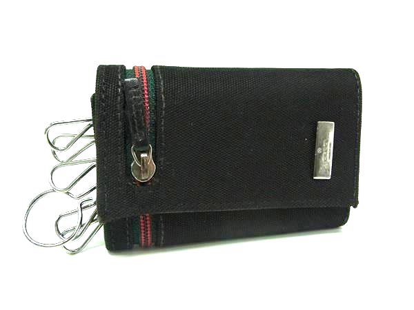 グッチ キーケース ■美品■ GUCCI グッチ シェリーライン ナイロンキャンバス 6連キーケース 鍵入れ ブラック系 DM0724