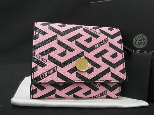 ■新品同様■ VERSACE ヴェルサーチ グレカ PVC 三つ折り コンパクト 財布 ウォレット 小銭入れ ピンク系×ブラック系 BK6312