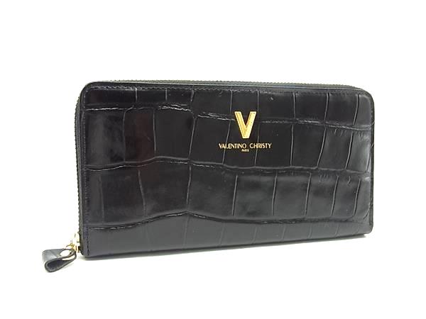 ■美品■ VALENTINO CHRISTY ヴァレンティノ クリスティ クロコダイル型押しレザー 長財布 ウォレット ブラック系 DM0429