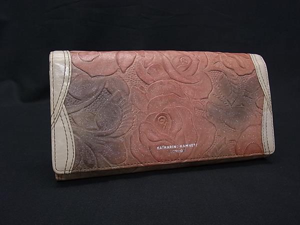 KATHARINE HAMNETT キャサリンハムネット レザー 二つ折り 長財布 ウォレット 小銭入れ 札入れ ピンク系×ベージュ系 DP0784