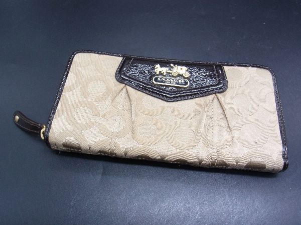 ■美品■ COACH コーチ オプアート キャンバス×パテントレザー ラウンドファスナー 長財布 ウォレット ブラウン系 DG7938