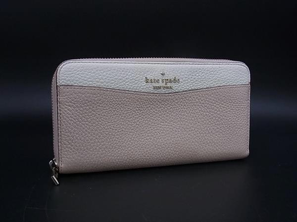■美品■ kate spade ケイトスペード WLR00402 レザー ラウンドファスナー 長財布 ウォレット グレージュ系×アイボリー系 DL9304