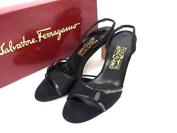 乐天商城 - Salvatore Ferragamo フェラガモ ガンチーニ キャンバス ヒール サンダル サイズ 6 1/2 (約23.5cm) 靴 レディース ブラック系 DJ7079