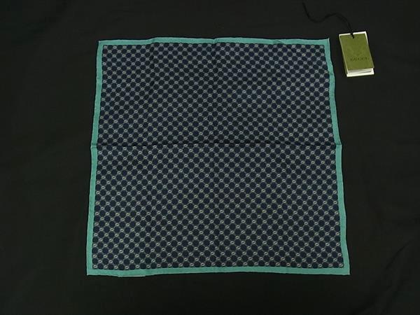 ■新品■未使用■ GUCCI グッチ インターロッキングG シルク100% ハンカチーフ ポケットチーフ ネイビー系×ブルー系 FR1697