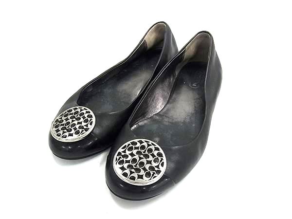 COACH コーチ シグネチャー レザー フラットシューズ パンプス 表記サイズ (約22.0cm) 靴 レディース ブラック系×シルバー系 DK4661