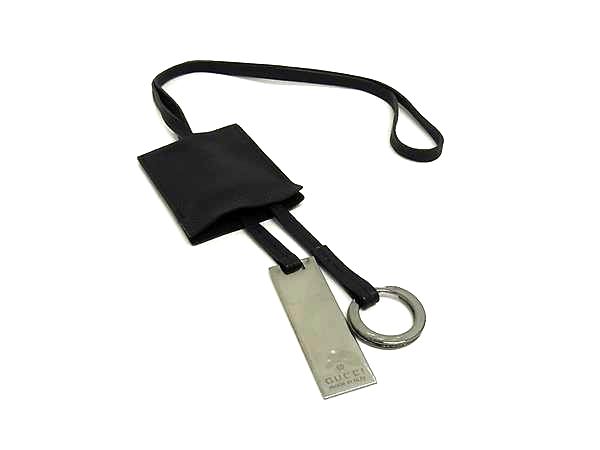 ■極美品■GUCCI グッチ レザー クロシェット キーリング ネックレス アクセサリー メンズ レディース ブラック系×シルバー系 FV8202